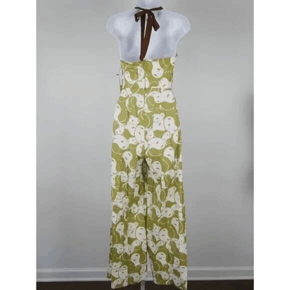 Unique Vintage x Smiley® Green Yin Yang Print Halter Wide Leg Jumpsuit L - Picture 6 of 7